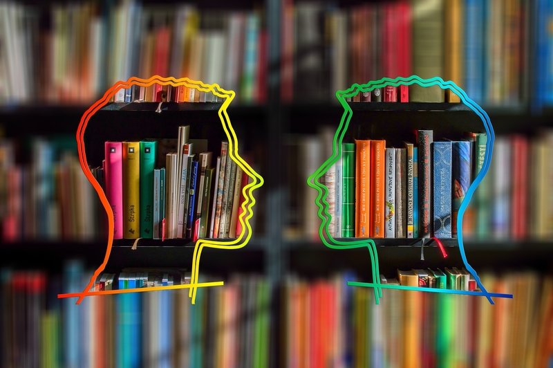 Ao fundo há uma estante de livros. Em frente têm duas cabeças, em forma de desenho
