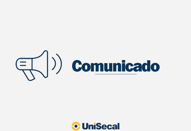 Imagem em tons de cinza claro. Há um megafone e escrito Comunicado. Na parte inferior se encontra o logo da UniSecal.