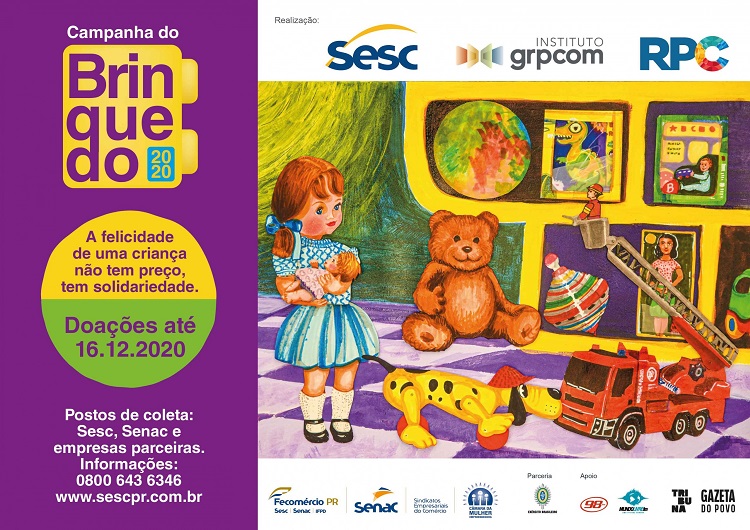 #PraCegoVer: Foto do banner da 'Campanha do Brinquedo 2020' do Sesc PR. Nela há desenhos de brinquedos e informações sobre a ação solidária.